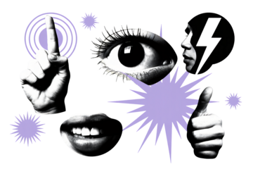 Dynamic collage of expressive human elements, conveying emotions, ideas, and approval in a striking black and white design with purple accents