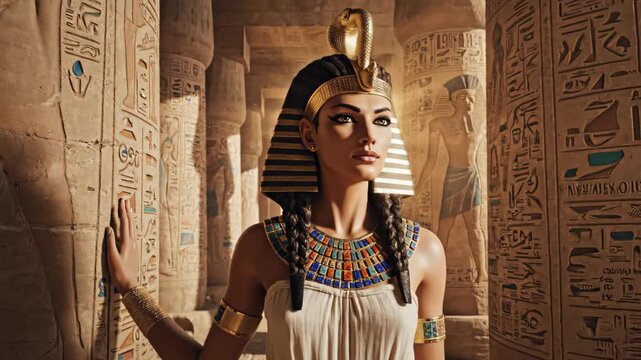 A cinematic animation of an ancient Egyptian queen walking through a temple. A beautiful pharaoh in a hall of hieroglyphic pillars. Ancient history and mythology concept
