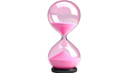 A translucent, pink-filled hourglass silhouetted against a stark black background