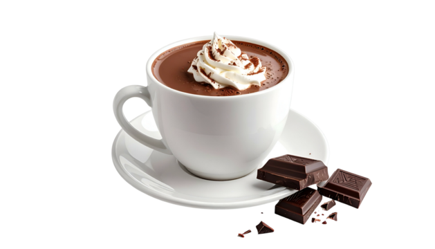 A white cup of hot chocolate with whipped cream, saucer, and chocolate squares