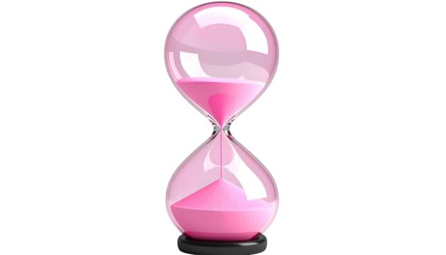 A translucent, pink-filled hourglass silhouetted against a stark black background