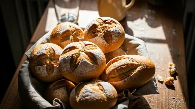 A basket of freshly baked bread rolls on a wooden table, with sunlight casting shadows