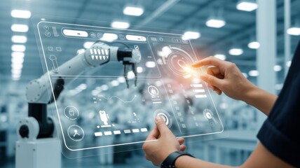 Engineer Controlling Robotic Arm via a Clean Digital Interface. engineer hand interacting with a glowing, translucent digital control panel for factory automation.interface displays robotic arm status