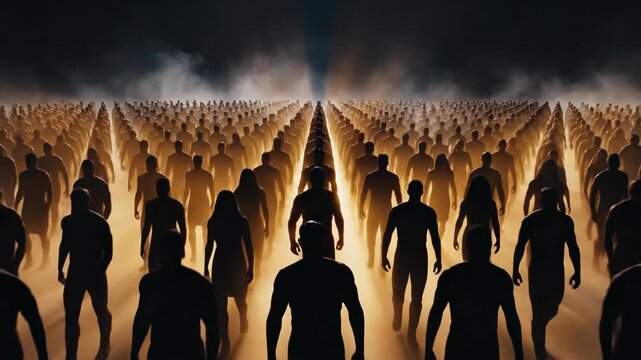 A glowing individual stands out from a massive crowd of walking silhouettes. The concept of leadership, uniqueness, and being different in an abstract animation