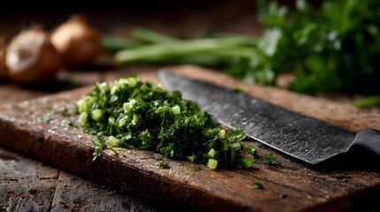Freshly chopped herbs and vegetables on a rustic wooden cutting board with a sharp knife for cooking prepa n