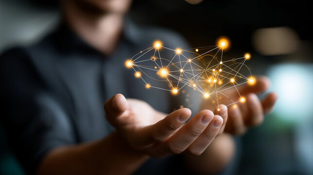 Hands connecting marketing tech stack tools with lightbulb integration solution creative MarTech ecosystem digital platform strategy diagram visible face defocused with copy