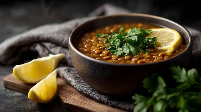 A steaming bowl of hearty lentil soup garnished with fresh parsley and lemon served on a rustic wooden board