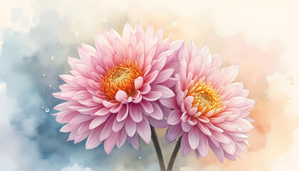 Fototapeta premium Beautiful pink water lilies bloom against a soft pastel background with hints of blue and orange in a serene natural setting