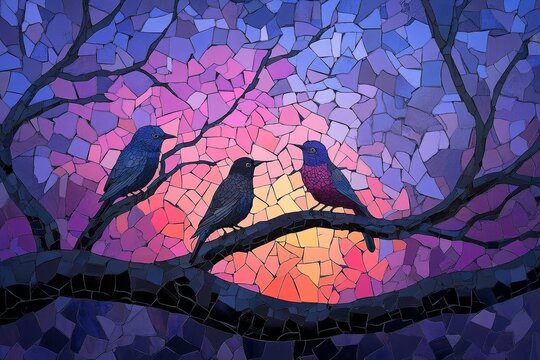 India's traditional Gond folk art is vibrantly colored and depicts birds in a tree set against a textured background