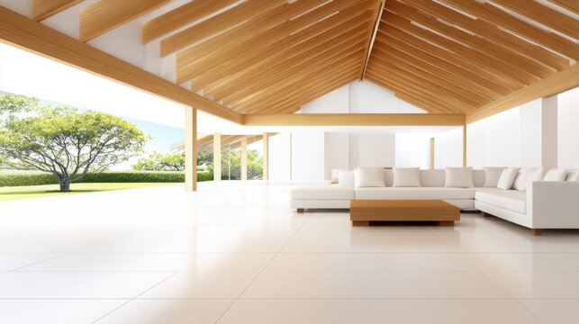 Modern open-concept living space featuring a spacious interior with wooden beams and natural light