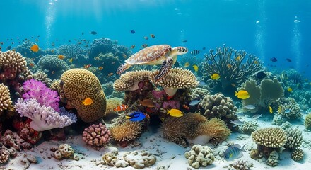 Vibrant Coral Reef Ecosystem with Sea Turtle and Colorful Fish Life