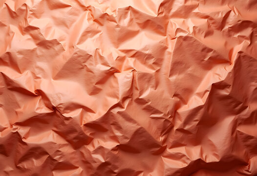 Textured crumpled peach paper background with intricate folds and creases showcasing a soft, warm aesthetic for design purposes