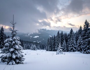 Fototapeta premium Snowy mountain landscape with evergreen trees under a cloudy sky