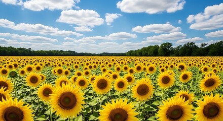 Vibrant sunflower field under a bright blue sky with fluffy clouds