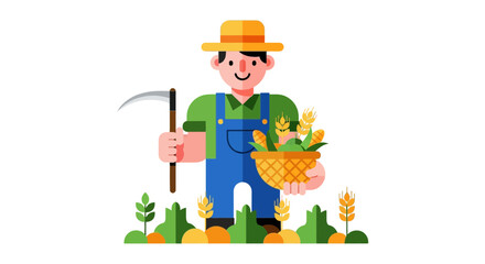 Obraz premium Joyful Farmer Displays Harvest with Wheat and Scythe in a Minimalist Vector Illustration