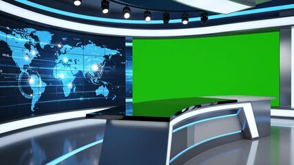 A modern virtual news studio set with a green screen for broadcasting. Vertical 3D animation of a futuristic television newsroom with a global map background. - Powered by Adobe