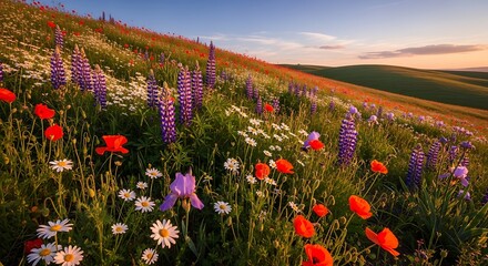Vibrant wildflower meadow at sunrise with rolling hills background beauty