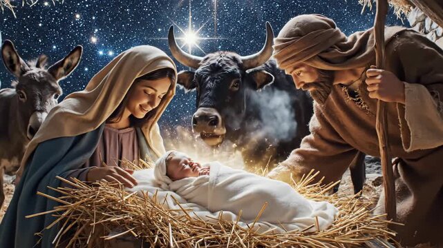 The holy family adoring the newborn baby Jesus in a manger. A traditional Christmas nativity scene with the Star of Bethlehem shining above. Biblical story of the birth of Christ