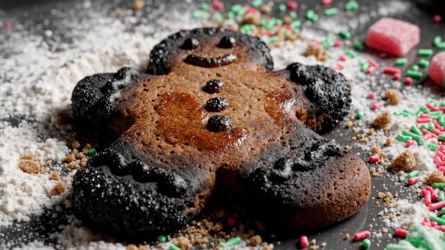 A burnt gingerbread man cookie after a Christmas baking fail. Close-up of a ruined and overcooked holiday dessert on a messy baking sheet. Funny cooking mistake concept