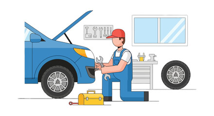 Mechanic Kneeling Repairing Car, Tools, And Toolbox, Illustrated Vehicle Service Concept