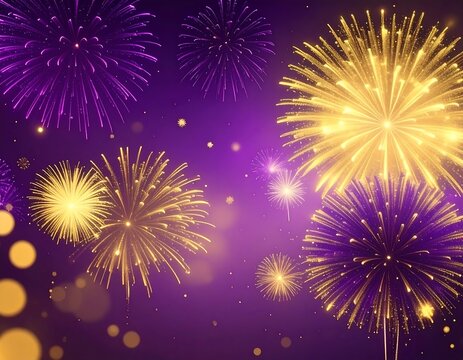 Purple and gold fireworks display against a gradient backdrop - Powered by Adobe