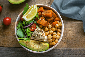 Bowl of chickpeas, salad, sweet potato, salad and avocado