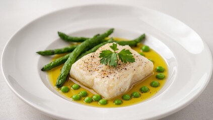 Culinary Presentation. White Fish with Green Vegetables and Yellow Sauce A Modern Food Still Life.