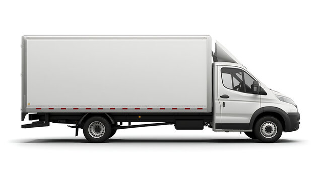 A modern white box truck with a large rectangular cargo box, black wheels, and gray detailing is depicted in a realistic side view, with neutral lighting highlighting its structure.