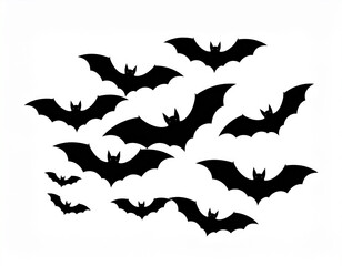 Collection of black flying bats in flat vector style. Great for Halloween posters, invitations, or eerie night-themed designs.