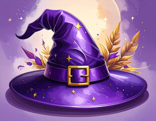 Stylish witch hat illustration with a purple band and golden buckle. Perfect for Halloween posters, party invitations, and magic-themed designs.