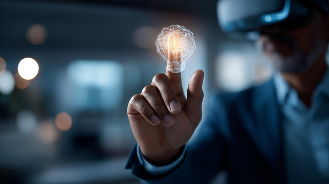 Hand touching AR/VR interface with lightbulb immersive marketing concept creative emerging technology digital future strategy headset visible face not shown defocused lab wit