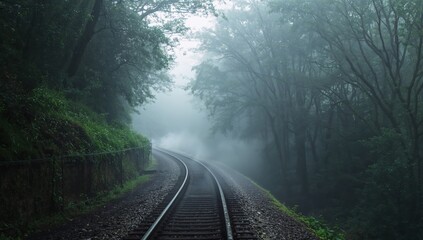 Foggy Rails a Serene Journey into the Unknown, Amidst the Whispering Trees.
