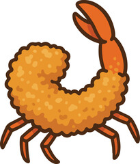 Cartoon fried shrimp with orange tail and legs seafood