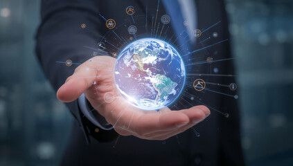 Futuristic technology concept a hand holds a glowing digital earth with data streams flowing around it symbolizing global connectivity and innovation