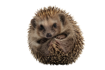 Adorable hedgehog curled up, looking curious, perfect for animal lovers and nature enthusiasts seeking heartwarming content for projects or designs.