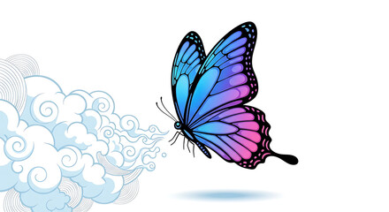 A colorful butterfly with blue and pink wings flying from a cloud of smoke on a white background