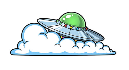 Illustration of a silver ufo with a green dome flying through fluffy white clouds in the sky