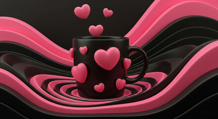 Pink hearts floating from a black mug on an abstract wavy background. Valentine's Day 3D illustration concept of love and affection.