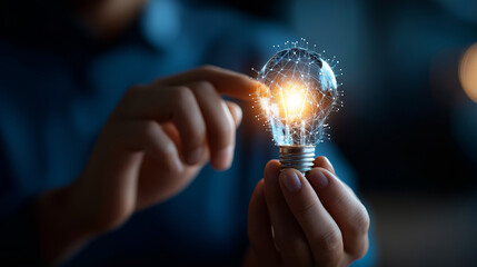 Hands interacting with blockchain network and lightbulb decentralized marketing idea creative Web3 strategy digital innovation crypto visible face defocused with copy space