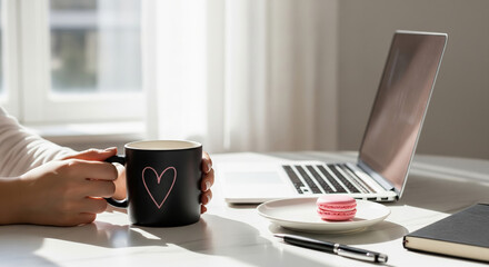 Woman working from home holding coffee mug with a pink heart. Sunny home office with a laptop, macaron, and notebook on a marble desk. Concept of remote work, freelancer lifestyle, and morning routine