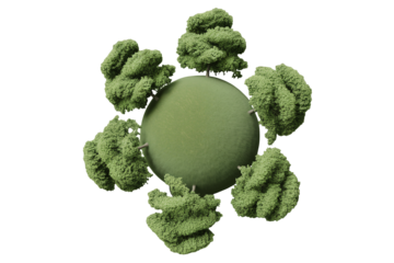 Unique green planet with surrounding trees, ideal for environmental concepts, sustainable development, ecological design, and artistic projects, with copy space