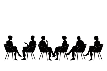 Modern silhouette of business team seated at table, engaged in a focused meeting, collaborative discussion, and strategic planning