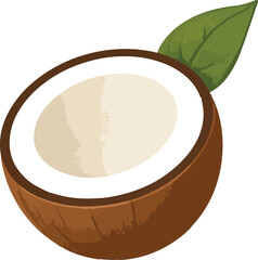 Half Coconut with Green Leaf Illustration tropical fruit