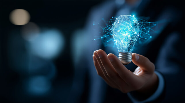 Faceless futurist presenting emerging trends with lightbulb next generation concept creative innovation forecast digital marketing evolution holographic display defocused with