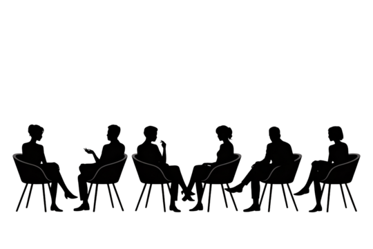 Modern silhouette of business team seated at table, engaged in a focused meeting, collaborative discussion, and strategic planning - Powered by Adobe