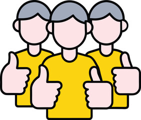 Three people in yellow shirts giving thumbs up on a white background group approval