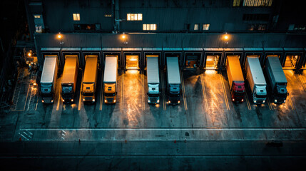 Aerial view of multiple semi-trailer trucks parked at illuminated loading docks of a busy distribution center at night. This scene shows global logistics and modern transportation.