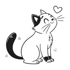 Cute Line Art Cat with Black Ears and Tail.Illustration Vector