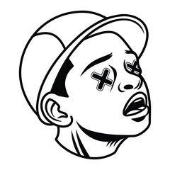 Minimalistic black-and-white illustration of a face with X-shaped eyes and a frowning mouth, conveying a sense of distress or exhaustion.