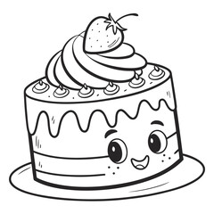 Simple Line Art Cake with Cream and Face.Cute Monochrome Cake Illustration Vector
